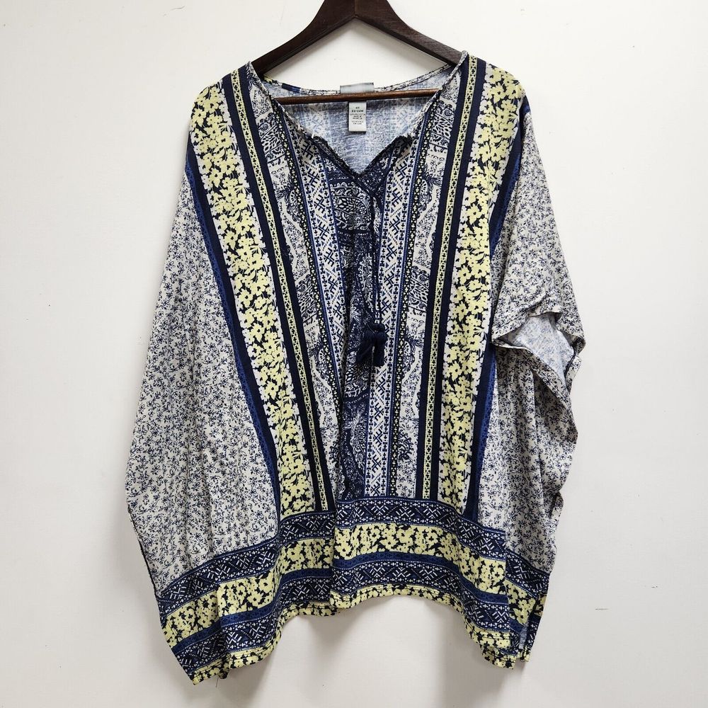 Catherines Womens Plus Poncho Style Blouse Size 2X Bohemian Blue Floral Tassells